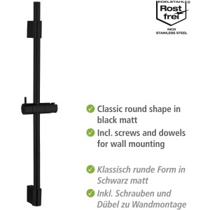 Wenko Duschstange Classic Schwarz, 70 cm, aus Edelstahl mit verstellbarem Brausehalter.