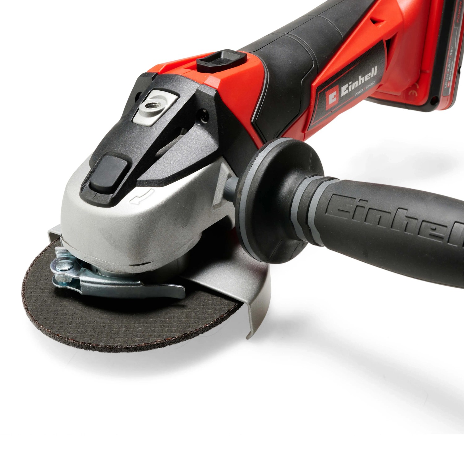 Einhell Akku-Winkelschleifer TE-AG 18/115 Li Solo, rot-schwarz, mit Zusatzhandgriff.