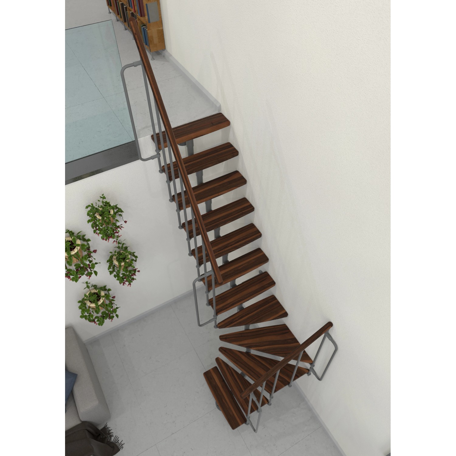 Minka Raumspartreppe Joker Turn in Walnuss-Grau, gewendelt. Holzstufen, graues Metallgeländer. Ideal für kleine Räume.