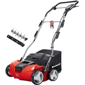 Einhell GE-SA 1435 Elektro-Vertikutierer und -Lüfter mit Fangkorb und Zubehör.