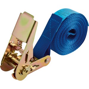 Zurrgurt mit Ratsche und Kantenschutz, blaues Polyesterband, verzinkte Stahlratsche, max. 500 kg Zugkraft.
