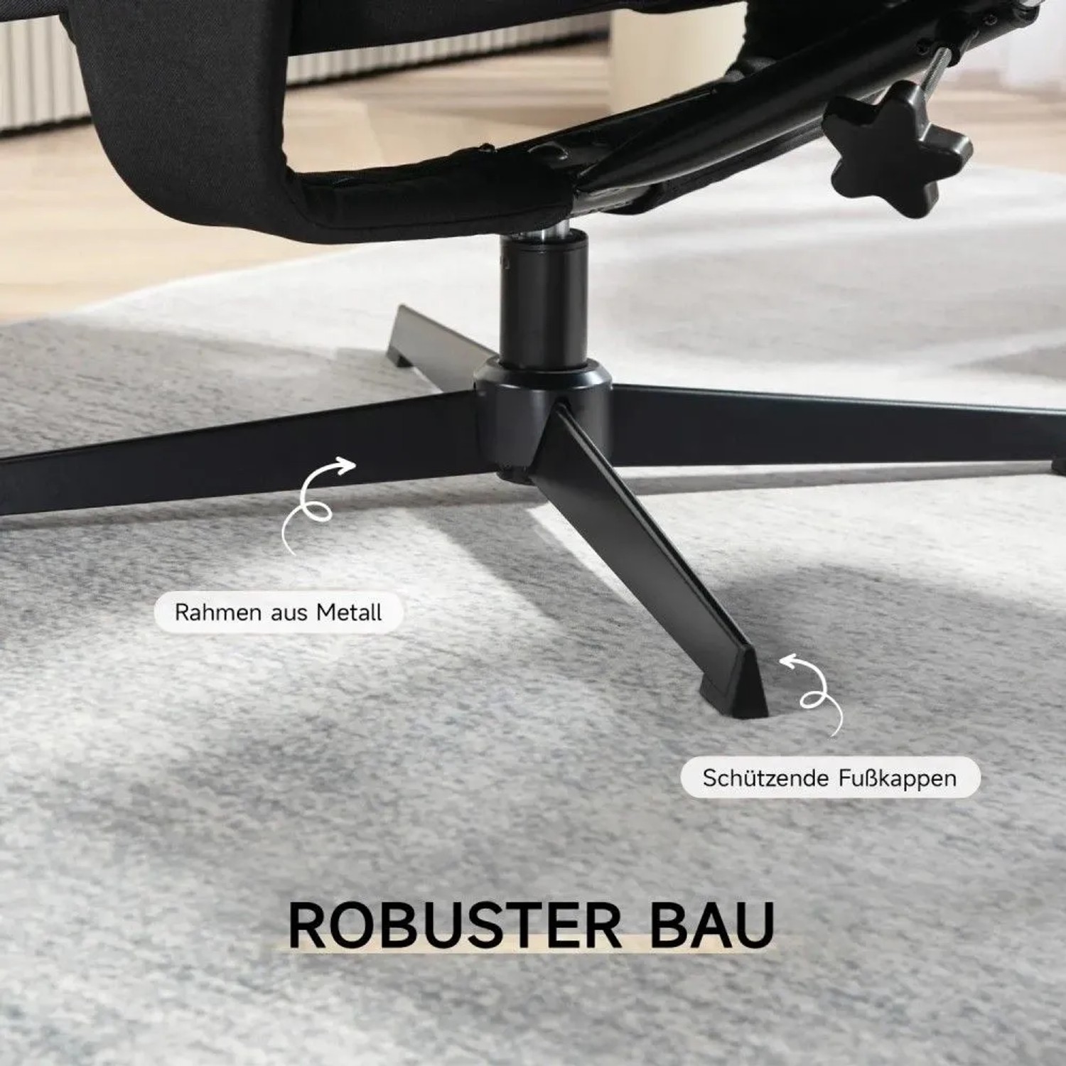 Schwarzer Relaxsessel: stabiler Metallrahmen mit Sternfuß und schützenden Fußkappen. Robustes Design für Loungesessel.