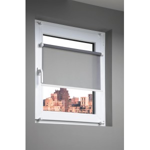 Graues My Deco Rollo Verspannt Flex, 70x130 cm, am Fenster für Sichtschutz und stufenlose Höhenverstellung.