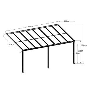 Technische Zeichnung Floraworld Terrassenüberdachung Anthrazit, Maße 496x303 cm, 3 Standfüße.