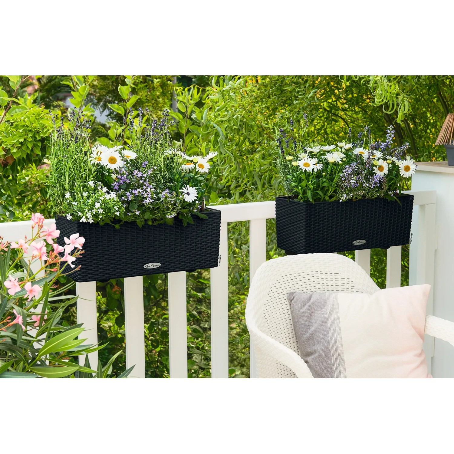 Zwei graphitschwarze Lechuza Balconera Cottage 50 Blumenkästen mit Pflanzen auf einem Balkon.