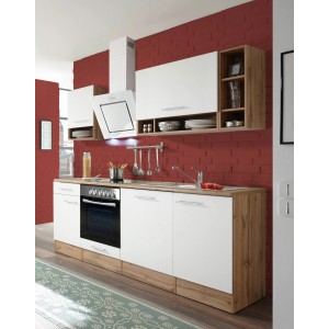 Respekta Küchenzeile, 220 cm, Weiß/Wildeiche Nachbildung, mit E-Geräten.