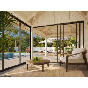 Palmako Pavillon Bianca Set, 588x300 cm, weiß lackiert, mit Schiebetüren und Blick auf Pool.