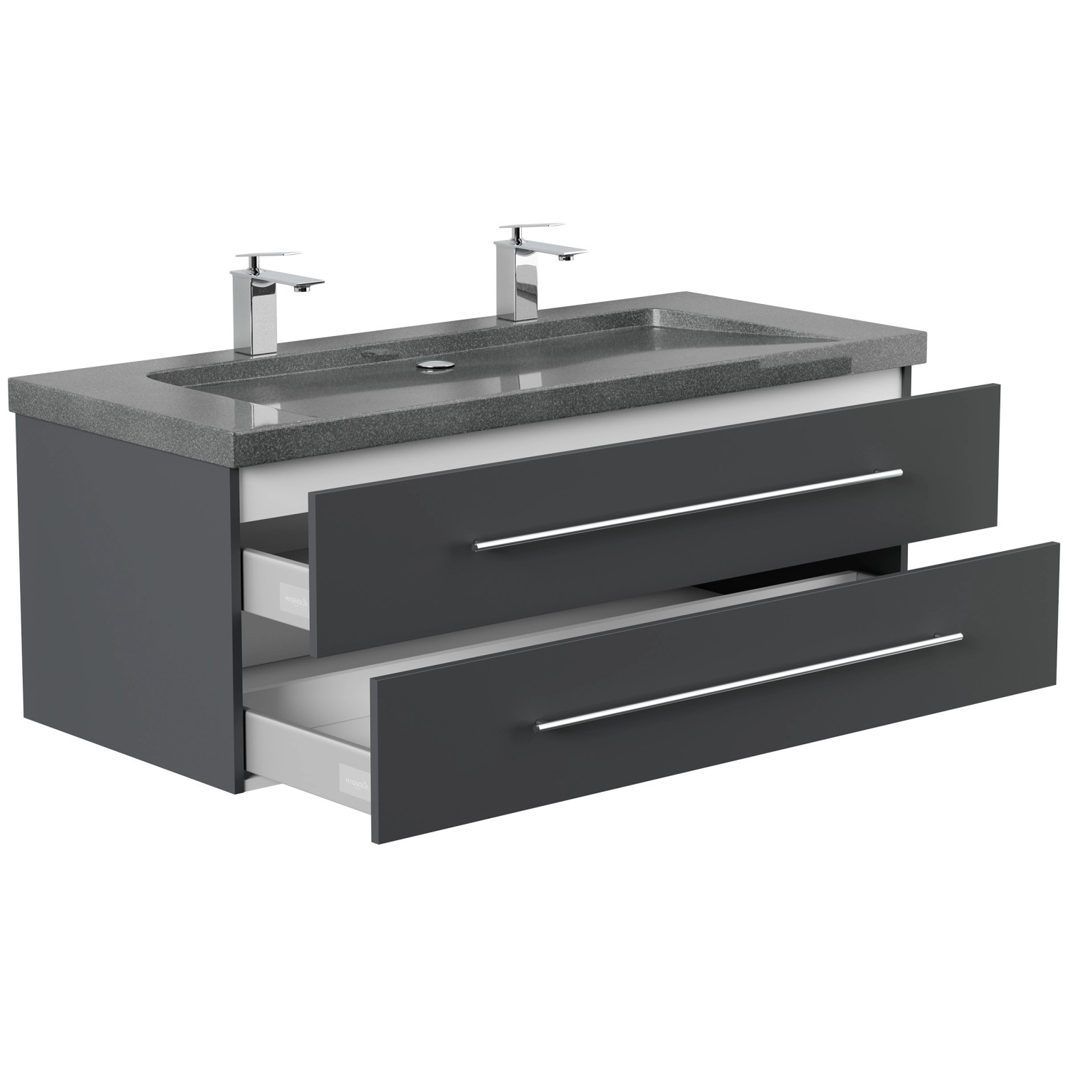 Posseik Badmöbel-Set Yamo, 130 cm, Grafit: Waschtischunterschrank mit Granit-Waschbecken und zwei Schubladen.