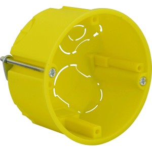 Gelbe 1-fach Hohlwanddose Pro, Ø 68 mm x 45 mm, für den Einbau von Schaltern und Steckdosen.