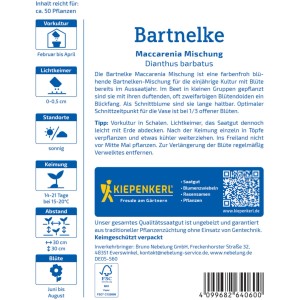 Kiepenkerl Bartnelke Maccarenia Mischung Saatgut, mehrfarbige Blüten auf der Packung.