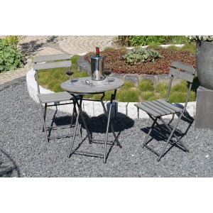 Graues 3-teiliges Balkon-Set Lugo mit klappbarem Tisch und zwei Stühlen.