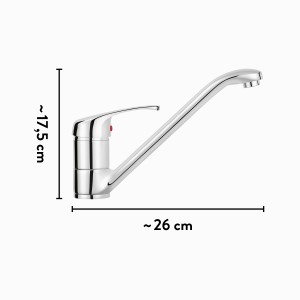 Chromfarbene baliv Küchenarmatur KI-5090, ein Einhebelmischer mit schwenkbarem Auslauf und Maßangaben.