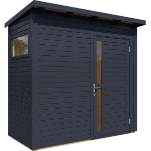Anthrazitfarbenes Bertilo Holz-Gartenhaus Pentus 1 mit Fenster und Tür.