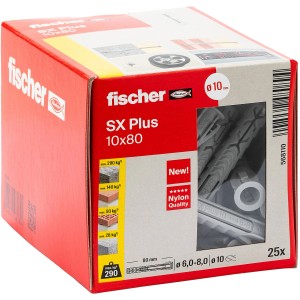 Fischer Spreizdübel SX Plus 10x80 mm, 25 Stück im Karton. Dübel für sichere Befestigungen.