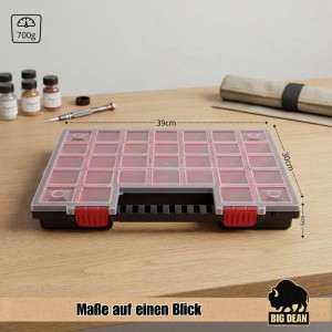 BigDean Sortimentskasten B mit Herausnehmbaren Roten Fächern Ideal für Kleinteile Werkzeug und Organisation Kunststoff 39,9 x 30,3 x 5cm