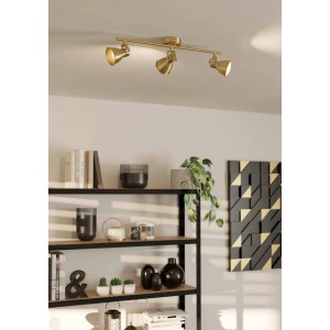 3-flammige Eglo Spotleuchte Seras in Messing-Gold gebürstet mit GU10 Leuchtmitteln.