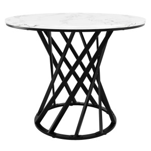 Runder Esstisch mit weißer Marmor-Optik Platte und schwarzem, gedrehtem Metallgestell. Moderner Küchentisch für Esszimmer.