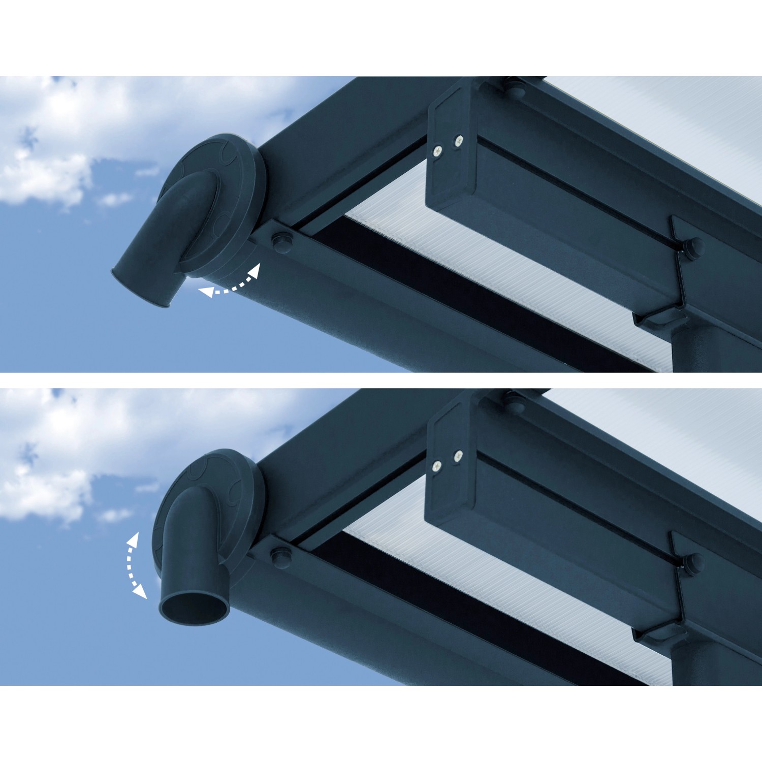 Detailaufnahme: Graues Palram Sierra Terrassendach mit Regenrinne und flexibler Ausrichtung.