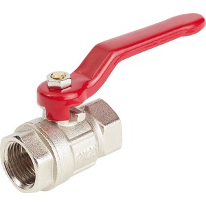 Matt verchromter Kugelhahn 38,9 mm (Rp 1 1/4) IG mit rotem Hebel für Anschlüsse & Kupplungen.