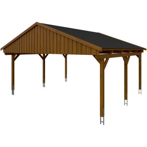 Skan Holz Carport Fichtelberg, Nussbaum, mit schwarzen Schindeln. Doppelcarport aus Fichte mit sechs Pfosten.