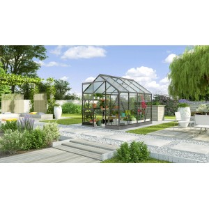 Vitavia Gewächshaus Kapitol 5000, schwarzer Rahmen, 5 m², mit Fundament im Garten.