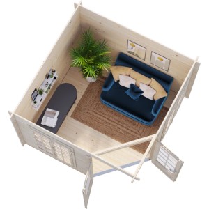 Palmako Holz-Pavillon Melanie, 280x280 cm, inkl. Fußboden, eingerichtet mit Sofa und Tisch.