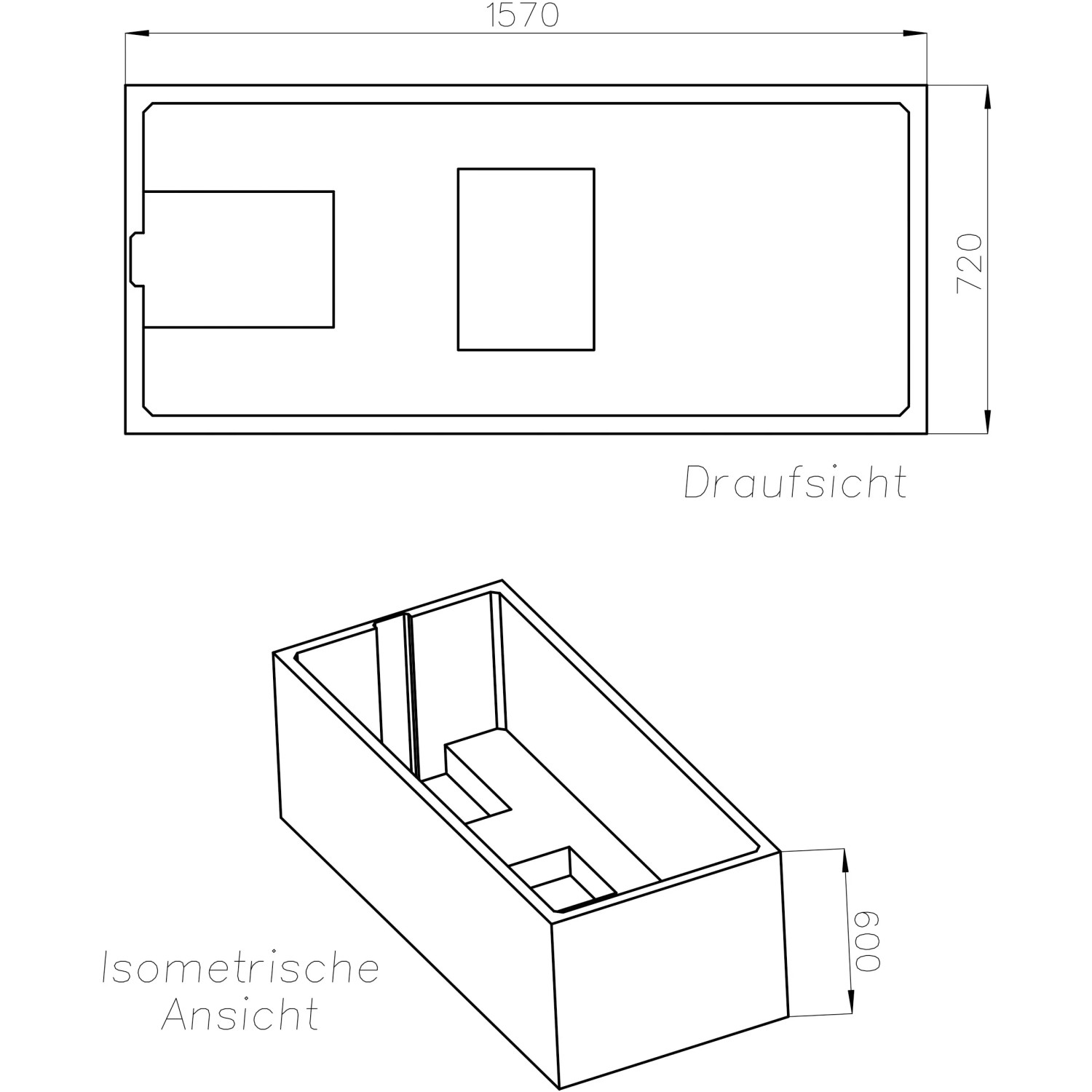 Technische Zeichnung Ottofond Wannenträger Atlanta 160x75 cm, Draufsicht und isometrische Ansicht.