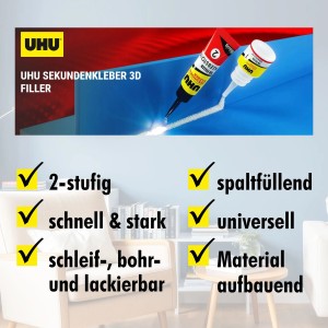 Uhu Sekundenkleber 3D Filler: 2-Komponenten-Kleber zum Füllen, Verstärken und Reparieren von Oberflächen.