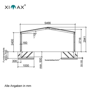 Technische Zeichnung Ximax Carport Linea-60 M Edelstahl-Look mit Maßangaben.