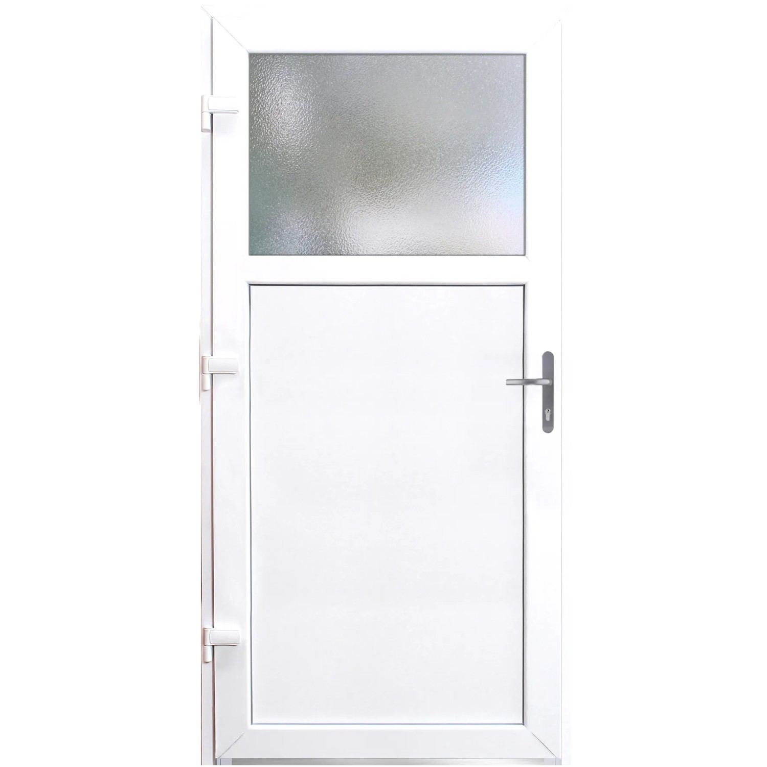 Weiße, nach außen öffnende Panto Nebeneingangstür mit Glaseinsatz und Links-Anschlag.