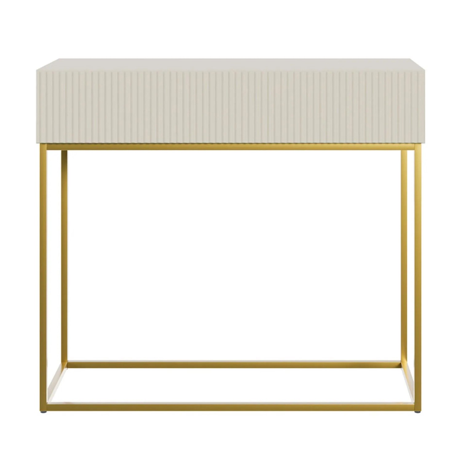 Selsey Veldio Konsolentisch, greige mit geriffelter Lamellenfront und goldfarbenem Metallgestell. Mit Schublade.