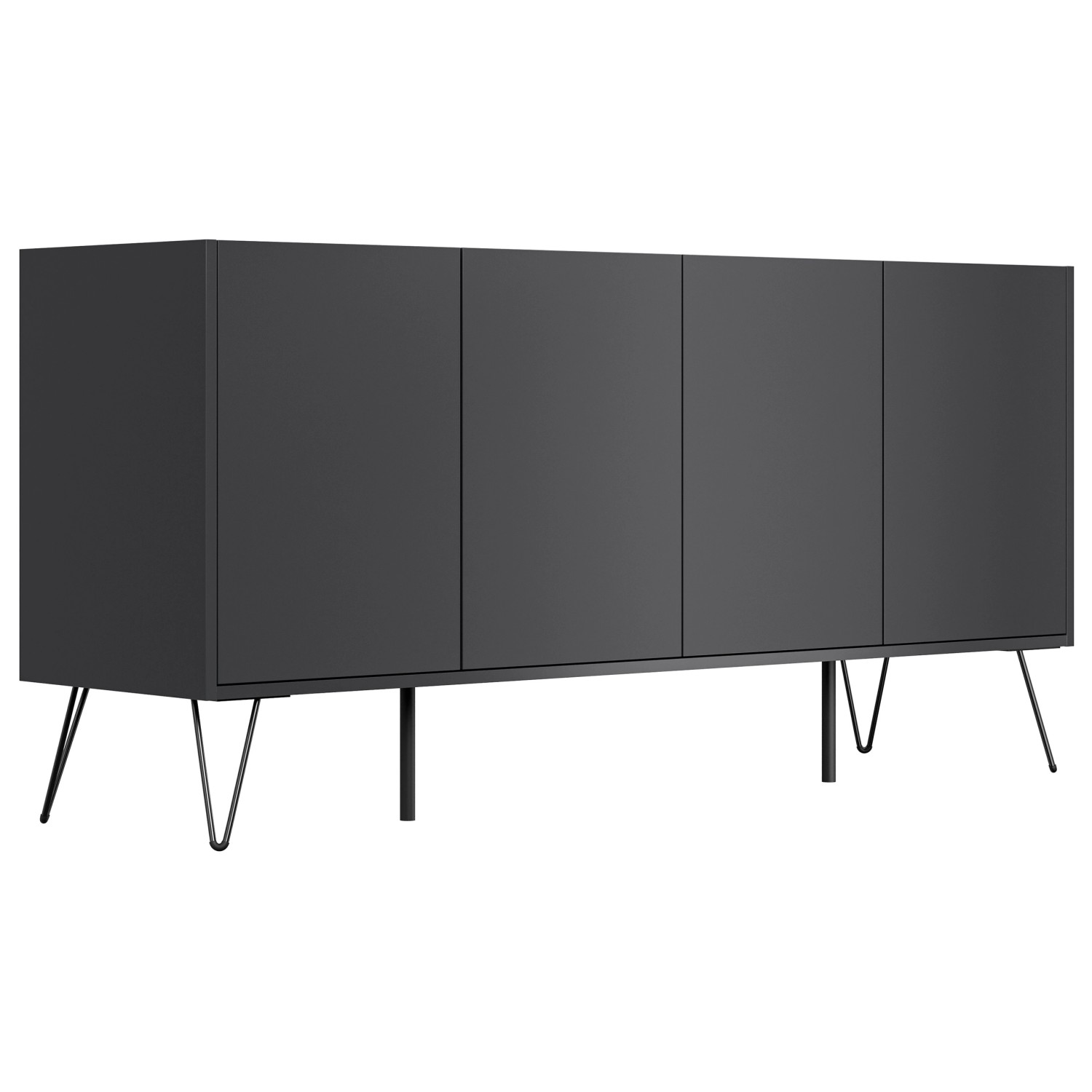 Posseik Sideboard Industrial H, 155 cm breit, Grafit Eiche Dekor mit 4 Türen und schwarzen Füßen.