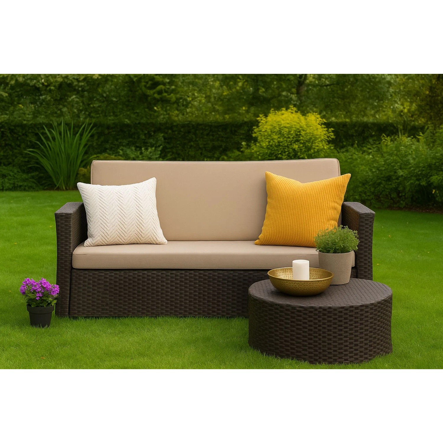 Beiges 2-Sitzer Gartensofa mit Kissen und Tisch. Setgarden Techno Gartenkissen für Polyrattan Möbel.