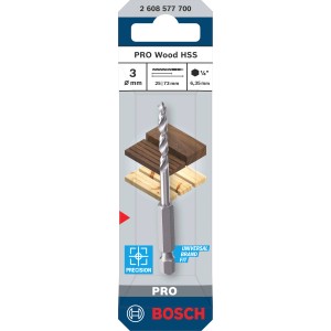 Bosch Holzspiralbohrer Pro Wood HSS, 3 mm Durchmesser, für präzise Holzarbeiten.