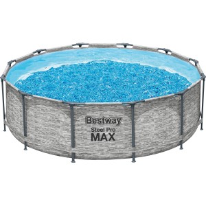 Bestway Stahlrahmenpool Steel Pro MAX, Ø 366 cm, grau, mit Wasser gefüllt.