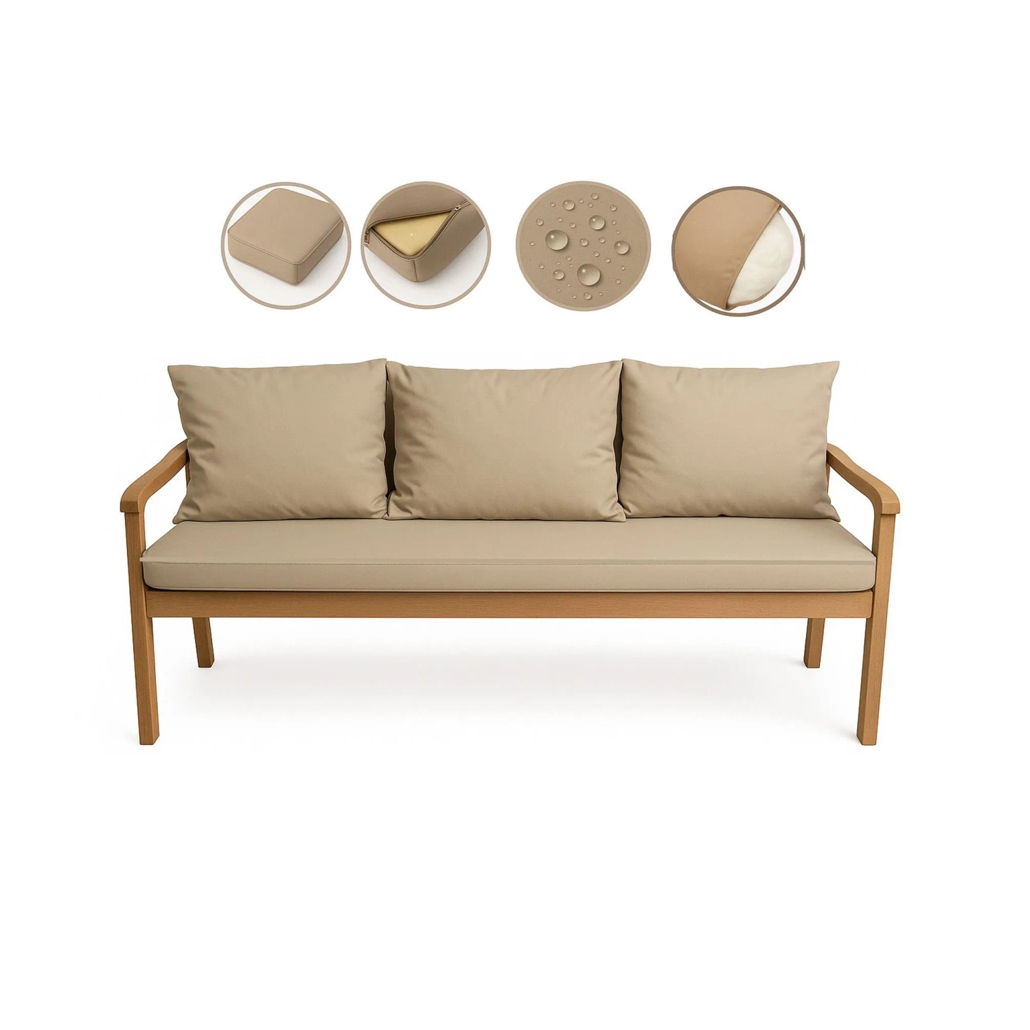 Beiges Setgarden Mix Bench Kissen für 3-Sitzer Gartenbank, 140x60 cm + 2 Rückenkissen.