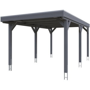 Skan Holz Carport Grunewald mit Aluminiumdach in Schiefergrau, Einzelcarport mit sechs Pfosten.