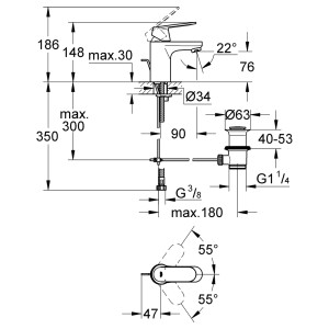 Technische Zeichnung Grohe Eurosmart C Waschtischarmatur, Maße und Details zur Installation.
