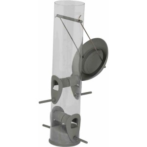 Siena Garden Vogelfutterspender Feeder, grau, mit Aufhängevorrichtung und Futteröffnungen.