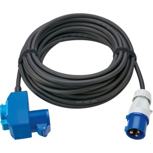 Schwarzblaues 15 m Caravan Verlängerungskabel mit CEE Stecker für Camping & Outdoor.