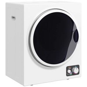 Weißer HOMCOM Mini Wäschetrockner mit runder dunkler Tür und Drehregler. Kompakter Trockner für kleine Räume.