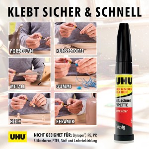 UHU Sekundenkleber Blitzschnell Pipette 3g. Klebt Porzellan, Kunststoff, Metall, Gummi, Holz, Keramik sicher & schnell.