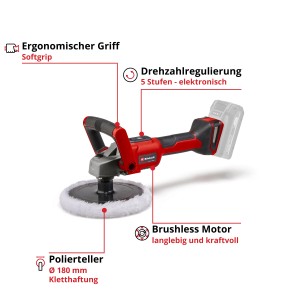 Einhell Akku-Schleif- und Poliermaschine CE-CP 18/180 Li E-Solo für Autopflege. Rot-schwarzes Design mit Polierteller.