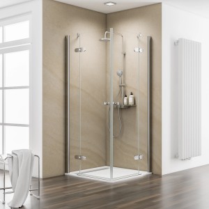 Schulte Eckeinstieg MasterClass, 90x90 cm, Chromoptik, 4-teilig, mit Pendeltüren aus Klarglas.