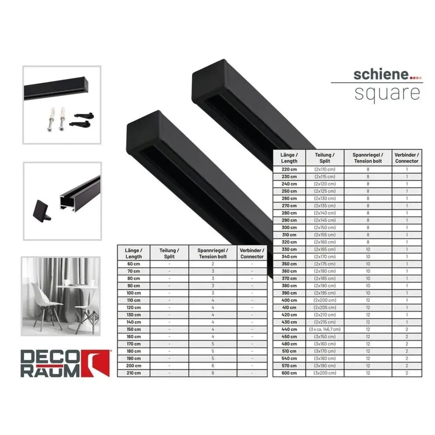Schwarze Deco-Raum 1-Lauf Gardinenschiene Square 360cm mit Befestigungsmaterial und Anwendungsbeispiel. Ideal für Deckenmontage.