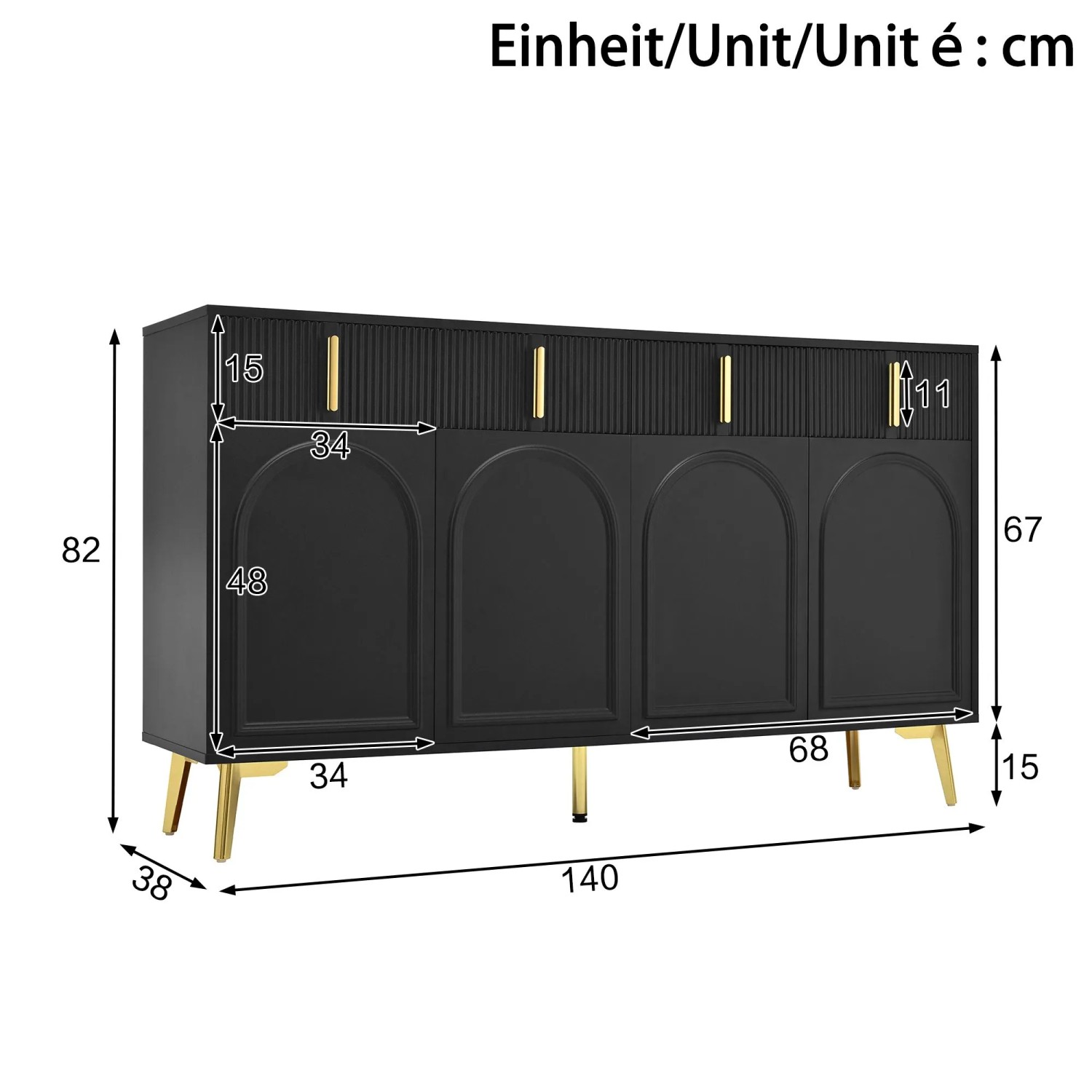 okwish Sideboard mit 4 Türen 4 Schubladen Goldgriffen Wohnzimmer Esszimmer 140x38x82cm Schwarz_5