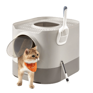 Feandrea Katzentoilette Boxal XL grau mit Katze, Schaufel und Deckel.