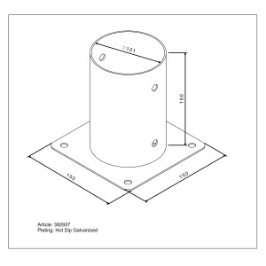 Feuerverzinkte Aufschraubhülse für 100 mm Rundholzpfosten, 150x150 mm.