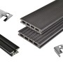 Kovalex WPC Terrassen-Bausatz, graubraune Dielen, Unterkonstruktion und Montageclips.