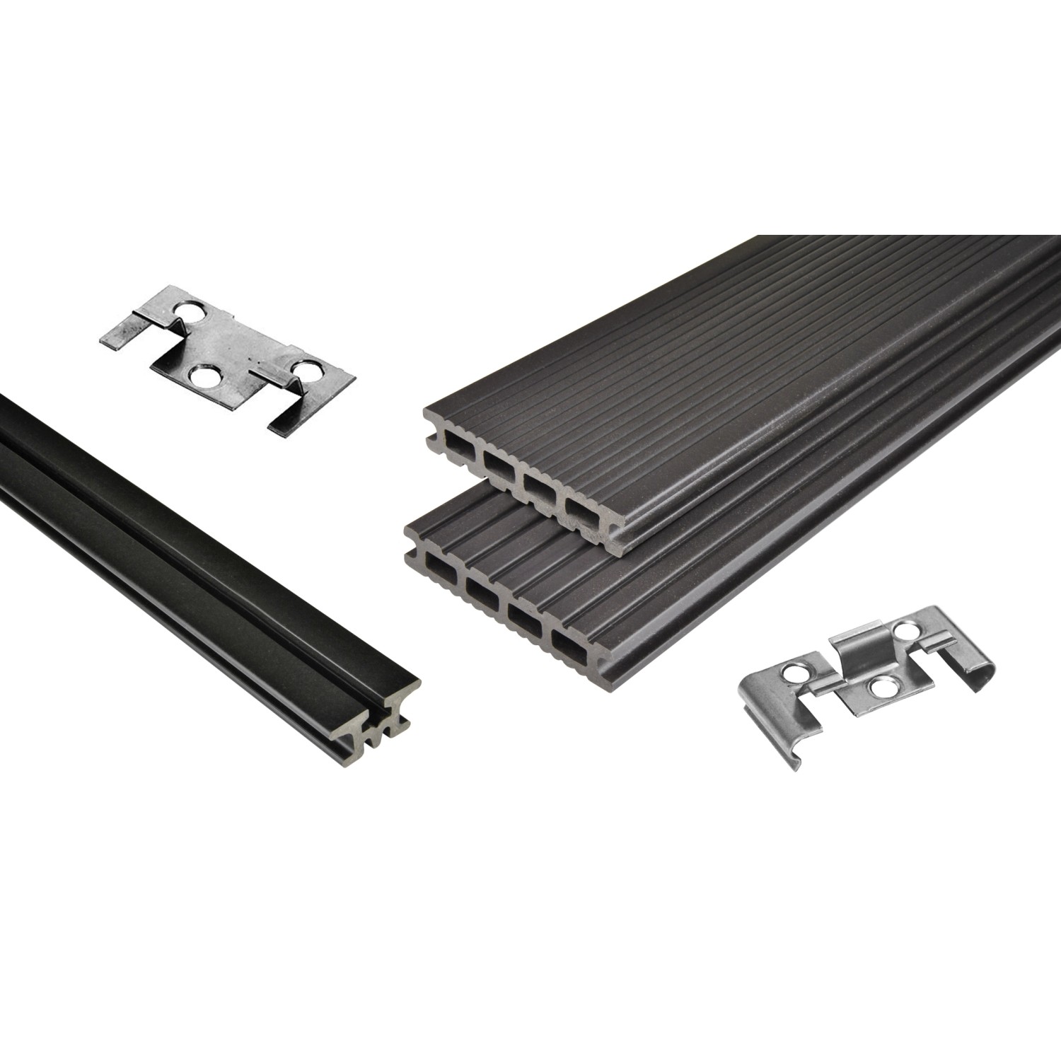 Kovalex WPC Terrassen-Bausatz, graubraune Dielen, Unterkonstruktion und Montageclips.